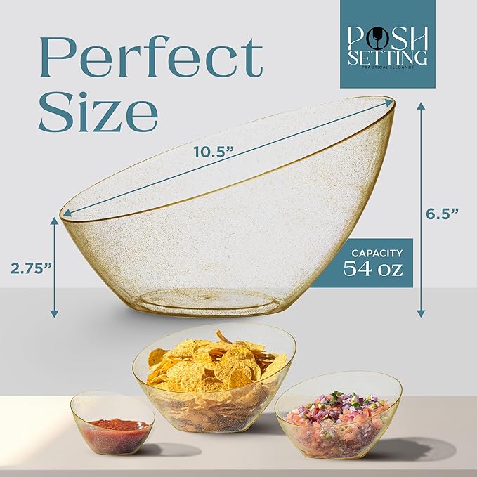 Posh Setting - Gold Plastic Serving Bowls for Party - Angled, Disposable, Chip & Candy Bowls - 54 OZ, 5 Pack