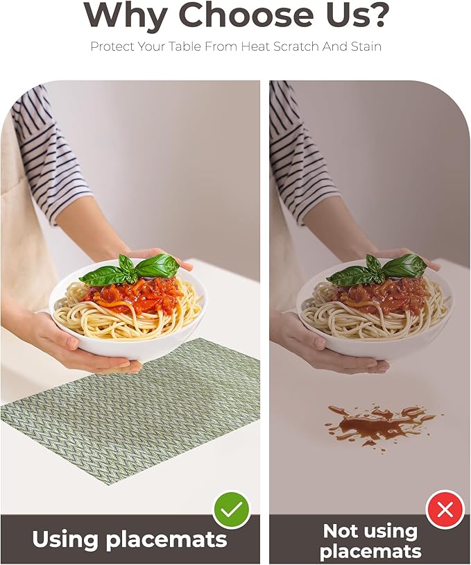 Leetaltree Green Placemats Set of 8 - Heat Resistant Non-Slip Place mats for Dining Table, Washable Durable PVC Vinyl Woven Table Mats（Green Zigzag, 8）