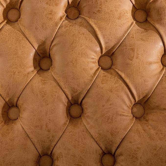 Ball & Cast French Vintage Upholstered Dining Chairs Set of 2, Button Tufted Kitchen Side-Chairs with Carved Antique Wood Frame & Nailhead Trims, PU-Leather Curved Backrest Louis Chair, PU Orange