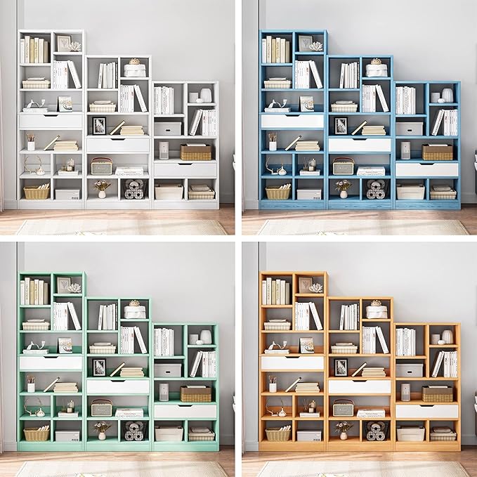 IOTXY Wooden Open Shelf Bookcase - 71 Inches Tall Freestanding Display Storage Cabinet Organizer with 10 Cubes and a Drawer, Floor Standing Bookshelf in Warm White