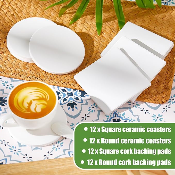 Zopeal 48 Pcs Ceramic Tiles for Crafts Coasters Include Unglazed White Ceramic Tiles with Cork Backing Pads Use with Alcohol Ink Acrylic Pouring for DIY Project Gift (Square)