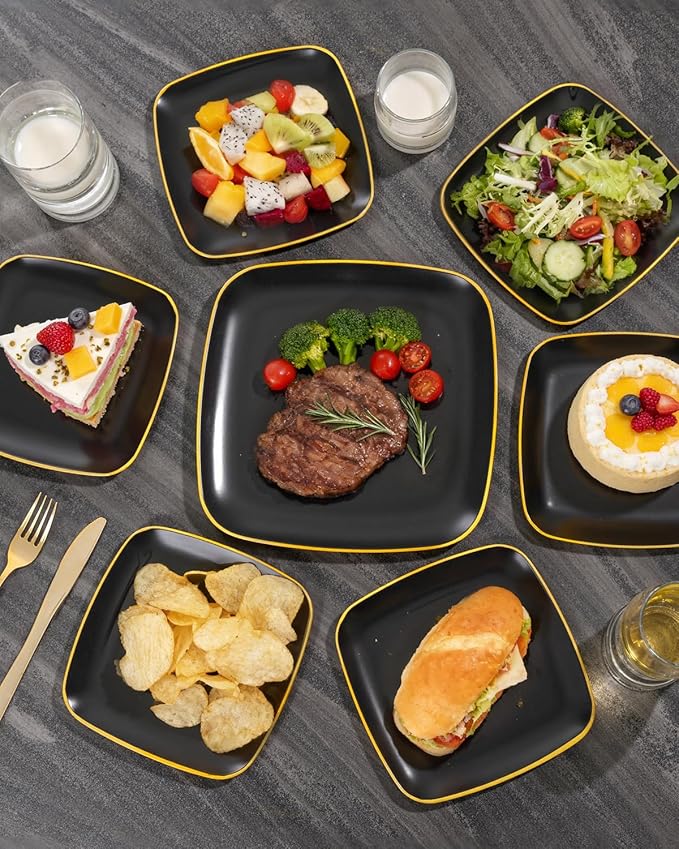 bUCLA 100PCS Black Plastic Plates with Gold Trim - Heavy Duty Black Gold Square Plates Disposable - Include 50 Each (Dinner & Dessert) for Party & New Year