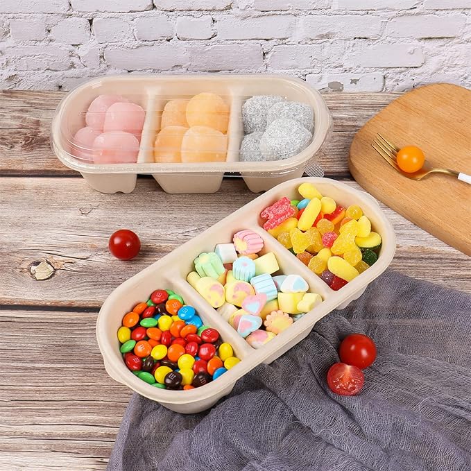 disposable paper 35 oz 3 compartments bowls with lids, Sugarcane Fiber Bowls For Snack, Dessert, Meal Prep 50 Pack