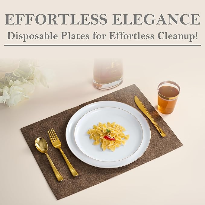 BloominGoods 50 PCS Disposable Plastic Plates For Party, 25 8.5 In. Appetizer Plates And 25 10.5 In. Dinner Plates, White With Gold Rim Plates For Wedding Or Event, Heavy Duty
