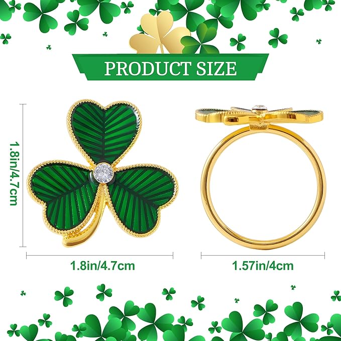 APTWOW Green St Patricks Day Shamrock Napkin Rings Set of 6 - Gold Metal Shamrock Napkin Holder, Spring Napkin Rings for St. Patrick's Day Party Wedding Table Decor