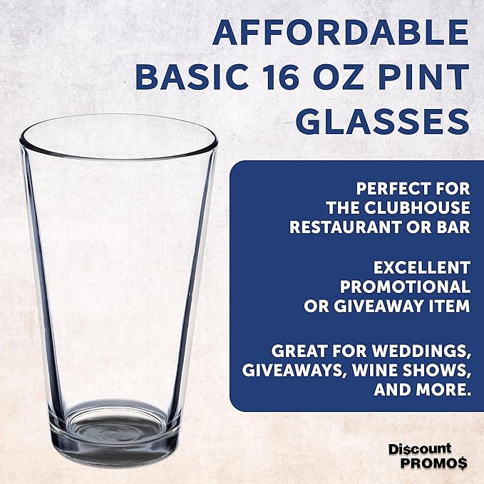 DISCOUNT PROMOS Beer Pint Glasses 16 oz. Set of 10, Bulk Pack - Heavy Duty Glassware for Restaurant, Thick Base and Walls, Stackable - Clear