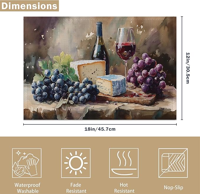 Wine Placemats, Red White Grapes Wooden Placemats 12x18 Inch Waterproof Non-Slip Washable Table Mats for Kitchen Dining Party Table Decor,Set of 6