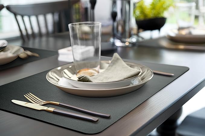More Décor Faux Leather Placemats Set of 4 for Dining Table – Waterproof, Wipeable, Washable, Stain & Heat Resistant, Non-Slip Table Mats – 12 X 17 Inch (Solid Black, 4)