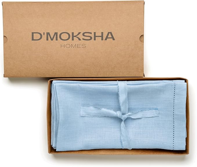 D'Moksha Homes Powder Blue Linen Napkins Set of 4 - Classic Hemstitch 100% Pure Linen Dinner Napkins Cloth 20 x 20 Inch for Spring, Easter - Handcrafted and Machine Washable