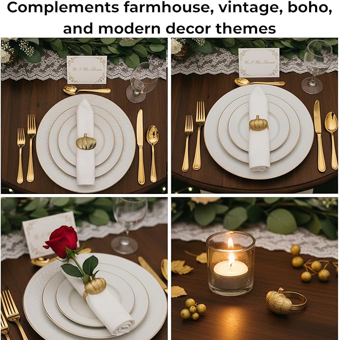 CLEENTABLE Napkin Rings Set of 12, Metal Napkin Holder Cuffs for Dinner Table Décor, Thanksgiving Pumpkin Farmhouse Modern Serviette Rings for Christmas, Weddings, Receptions, (Antique Gold)