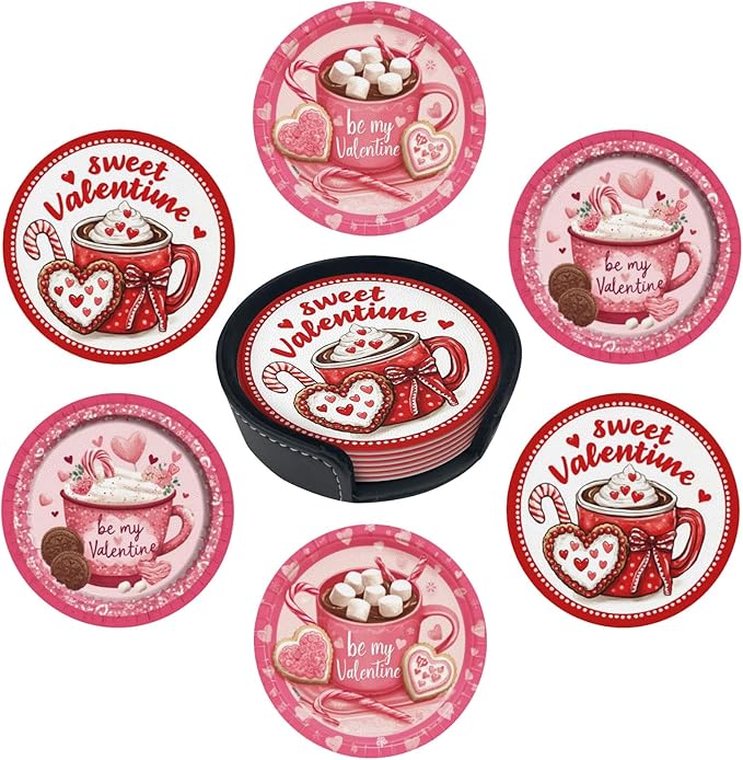 Sweetheart Coasters for Drinks with Holder Round Leather Coasters Set of 6 Cups Mugs Mat Pad for Home Kitchen Bar