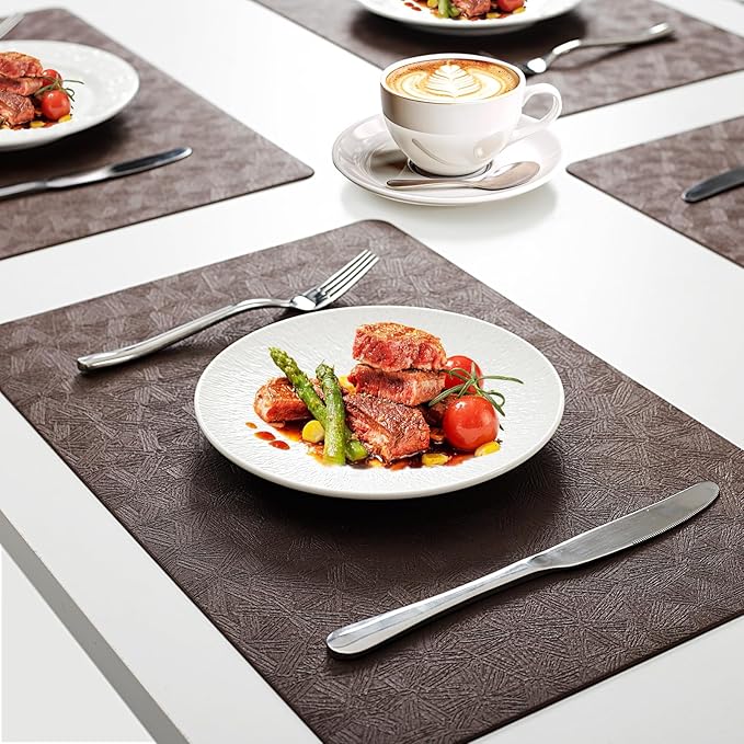 Vinyl Placemats Set of 8 Faux Leather 100% Waterproof Wipeable Washable Place Mats Heat Resistant Easy Clean Non-Slip Table Mats for Indoor Outdoor. (8,Coffee)