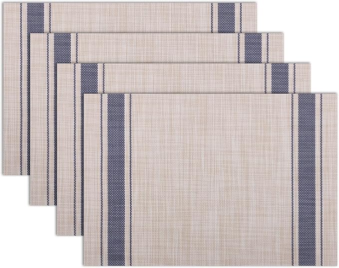 Winknowl Placemats Set of 4, Heat Resistant Non-Slip Vinyl Woven Table Mats for Dining Table, Washable Durable Elegant Place Mats for Kitchen Indoor/Outdoor Use (Beige Blue)