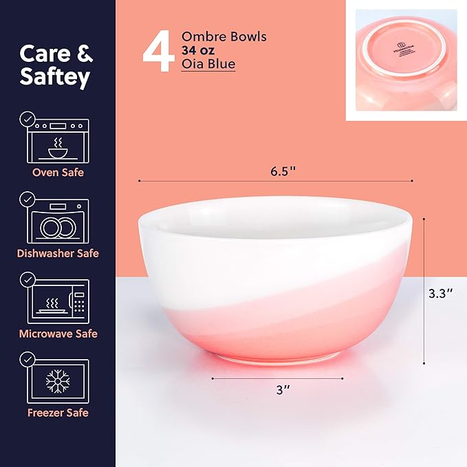 Ombre Cereal Bowls in Jaipur Pink - 34 oz - For Soup, Dessert, Noodle, Salad, Snacks, Serving - Ceramic Porcelain Bowl Set of 4 - Ombre Dinnerware Collection