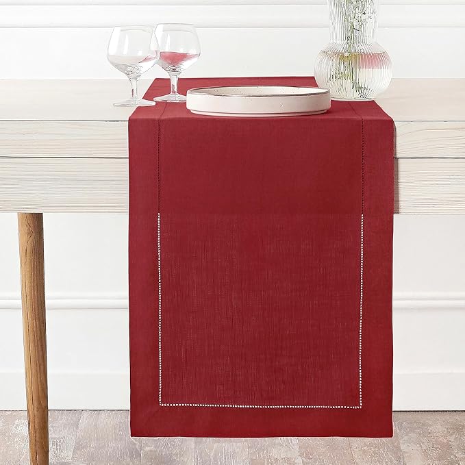 D'Moksha Homes Linen Red Table Runner 144 Inches Long - 100% Pure Linen Extra Long Table Runner 14 x 144 Inch for Valentines, Spring - Classic Hemstitch