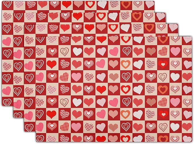 Valentines Day Table Mats - Red Heart Placemats Set of 4 Pink Love Place Mat 12x18 for Dining Kitchen Farmhouse