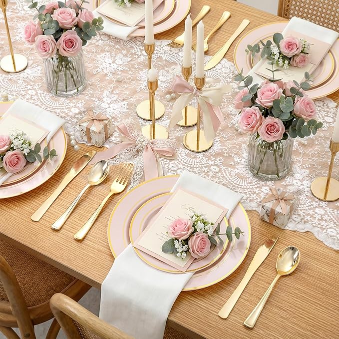 350PCS Pink Disposable Plates - Pink Plastic Plates 50Guests Plastic Dinnerware Sets with Rolled Napkins for Wedding/Birthday/Baby shower/Easter