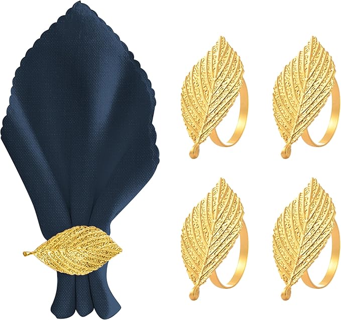 Decozen Set of 12 Gold Napkin Rings in Leaf Design, Festive, Table Decor Setting for Holiday, Wedding, Birthday, Kitchen, Home Decor, Housewarming Gift - Mothers Day Decorations