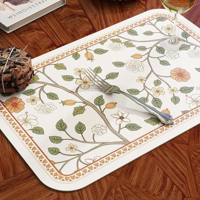 ISAENNE White PVC Placemats Set of 6,Rectangular Floral Placemats,Waterproof and Heat-Resistant Orange Flower Pattern,Decoration for Kitchen,Dinning,Parties, Holiday,12"*17"