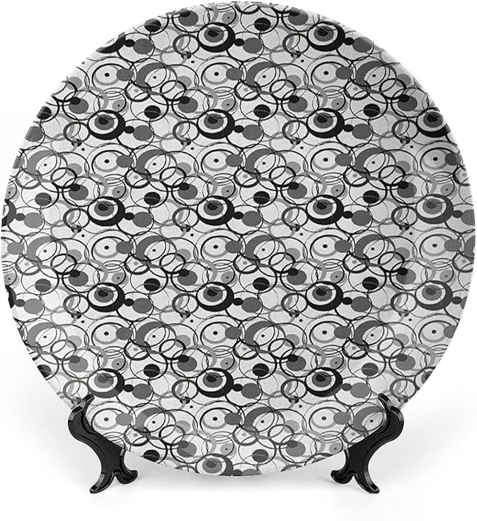 Ceramic Display Plate, Abstract Ceramic Hanging Decorative Plate, Monochrome Circles Dots Surreal Geometric Modern, 7 Inch, Living Room Kitchen Decoration Household, Grey Black White