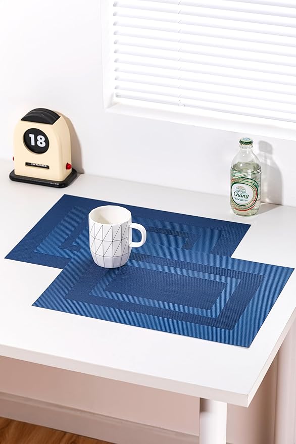 LEXMORE Placemats Set of 4 Vinyl/Plastic Woven Place Mats for Kitchen Table Indoor/Outdoor Washable Placemat Wipeable Dining Table Mats(Navy Cube)