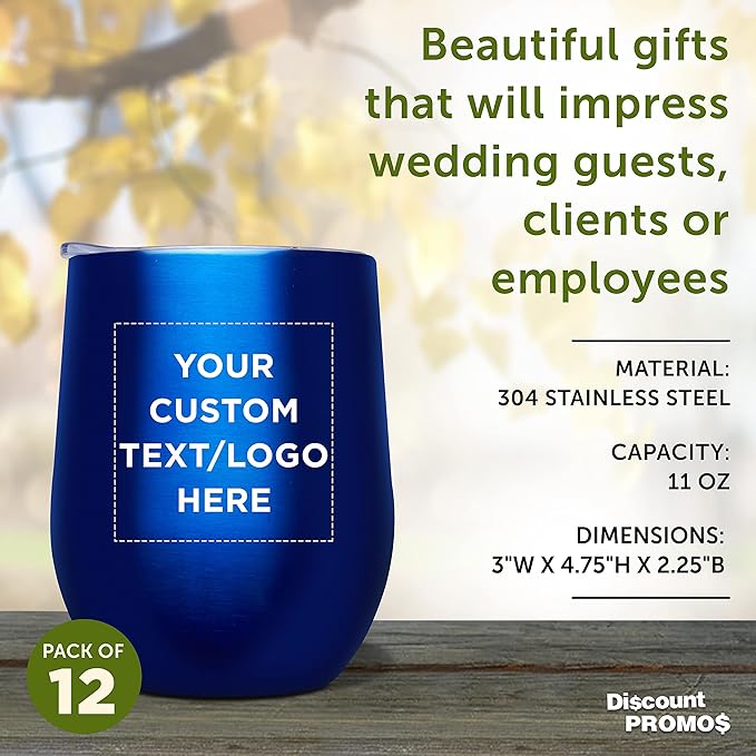 Custom Stemless Wine Glass Tumblers with Lids by Largo 11 oz. Set of 12, Personalized Bulk Pack - Perfect for Wine, Cocktails, Other Hot & Cold Beverages - Blue