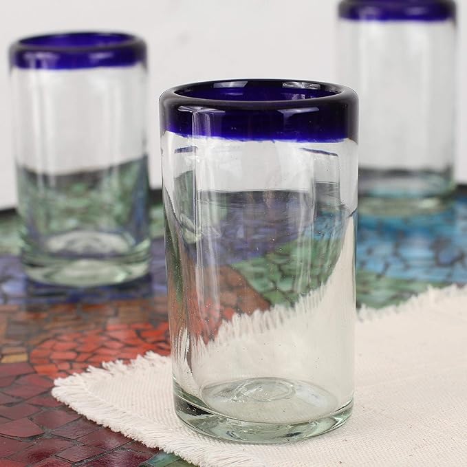 NOVICA Artisan Crafted Hand Blown Clear Blue Rim Recycled Glass Juice Glasses, 4.3In H X 2.6In Diam. 8 Oz. 'Cobalt' (Set Of 6)