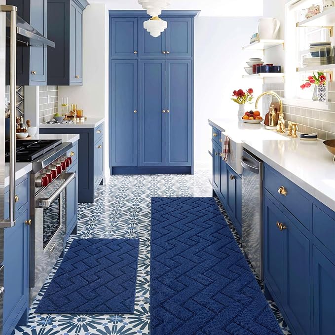 hicorfe Kitchen Rugs and Mats Sets,2 Pieces Super Absorbent Polypropylene Non-Slip Rug,Soft Comfort Floor Mat,Washable for Kitchen,Hallway,Office,Sink,Laundry(24" x 35"+24" x 35",Navy Blue)