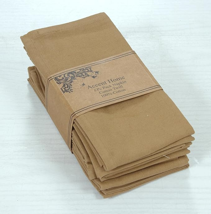Accent Home 100% Cotton Napkins, Delicate Cloth Napkins for Dinners, Parties and Weddings，18 x 18 Inch Set of 6 - Brown