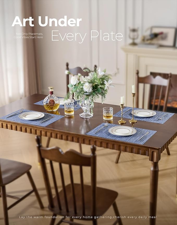 Leetaltree Blue Placemats Set of 6- Heat Resistant Non-Slip Place mats for Dining Table, Washable Durable PVC Vinyl Woven Table Mats（Blue Zigzag, 6）