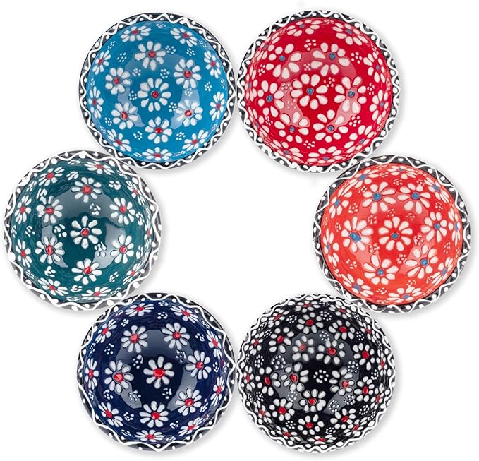 Ceramic Small Bowls, Dipping Bowls Set of 6, 3.5 Oz Soy Sauce Dish, Handmade Charcuterie Bowls, Colorful Pinch Bowls, Dishwasher & Microwave Safe Sauce Bowls, 3.2'' Mini Bowls (SULTAN'S GARDEN)