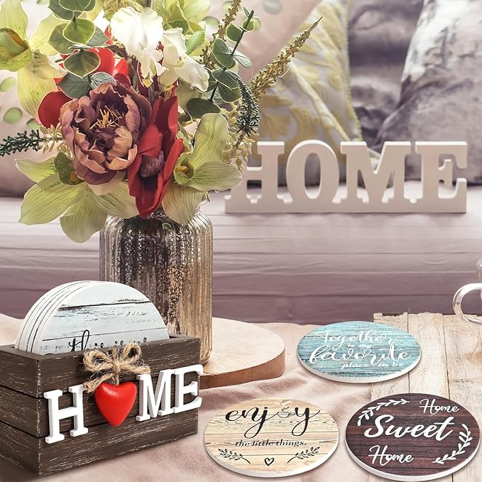 House Warming Gifts for New Home Farmhouse Coaster for Drinks Wood Coasters Set of 6 Personalized Christmas Coasters with Holder Valentines Day Gifts Heart Coaster for Home Decor (Classic Farmhouse)