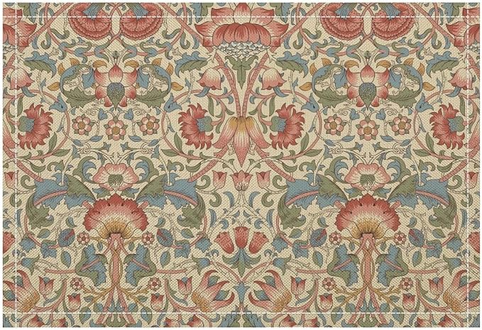 William Morris Placemat Set, Beige Blue Pink Retro Rustic Art Exotic Ethnic Lotus Floral Seamless Pattern Home Decor Linen Table Mats for Dining Room Kitchen Party (17x12in) x2P
