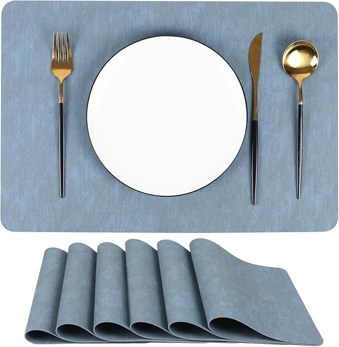 Blue Reversible Faux Leather Placemats – Set of 6 Waterproof, Heat-Resistant & Easy-to-Clean Table Mats for Modern Dining