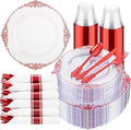 Hioasis 350pcs Clear and Red Plates - Red Party Plates for 50 Guest, Include 100 Heavy-duty Plates(20% Thicker Than Standard), 50 Pre Rolled Gold Plastic Silverware Set, 50 Cups