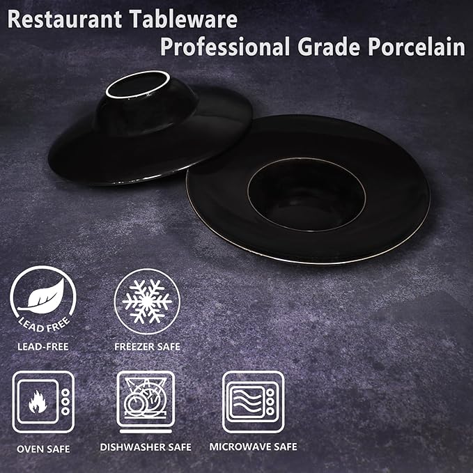 Ceramics Rimmed Soup Bowls 8.8 oz, Black 11.6 inch Exquisite small soup plate Set of 4, Pasta plates With Rim is the best choice for hotels, kitchens, fine restaurants and gourmets