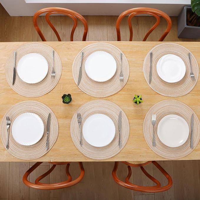 SHACOS Round Braided Placemats Set of 8 Cotton Fabric Round Table Mats Non Slip Washable 15 inch Round Place Mats (Beige, 8)