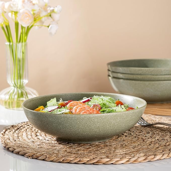 AmorArc 8.75‘’ Large Pasta Bowls, 42 ounce Deep Stoneware Bowls Set of 4 for Kitchen, Wide Bowl for Pasta/Salad/Fruit/Oatmeal/Soup, Microwave&Dishwasher Safe-Matte Olive Green