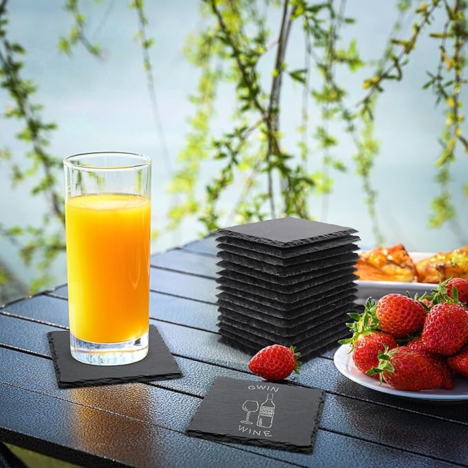 24 Pack Square Slate Drink Coasters, VIBRATITE 4 Inch Black Slate Stone Coasters Bulk Cup Coaster Laser Engraving Blanks with Anti-Scratch Bottom for Drink Coffee Bar Kitchen Home Decor