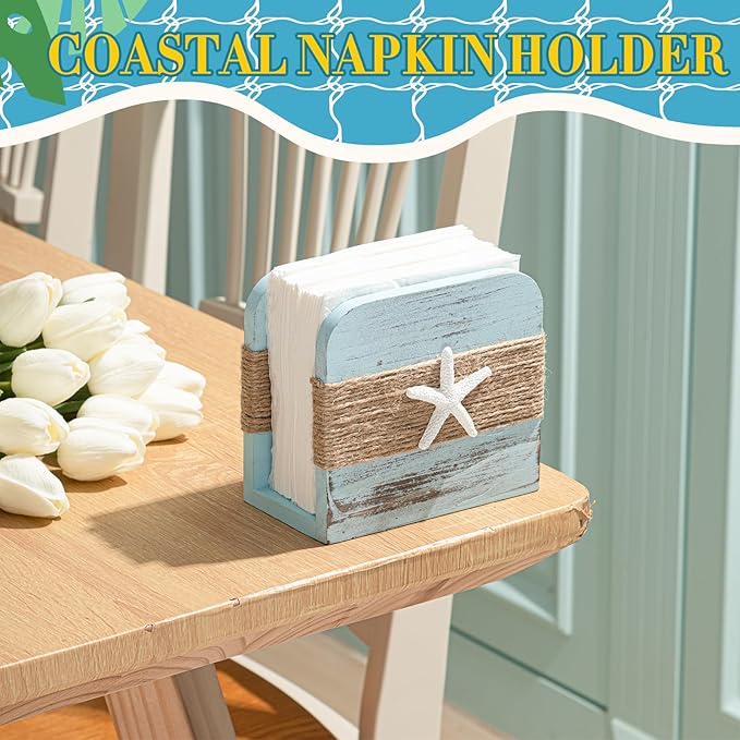 Natural Wooden Napkin Holder, Farmhouse Napkin Holders Upright Wooden Tissue Dispenser for Kitchen Dining Room Table Decor Indoor & Outdoor Use (Beach Style,Blue)