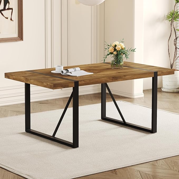71'' Dining Table for 6-8, Dark Wood Kitchen Table with Metal Legs, Dinner Table for 6-8 for Home Dining Room Living Room