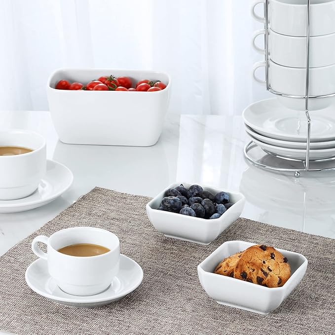 Yedio Square Dipping Bowls Set of 6, 6 Oz Small Porcelain Sauce Bowls for Side Dishes, Appetizers, Snacks, Baking & Dessert, White, Oven Safe
