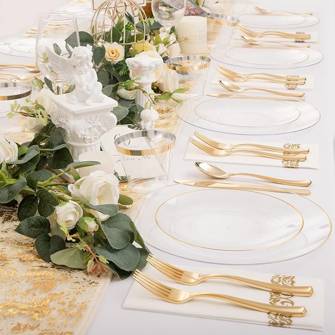 Nervure 100 Pieces Clear and Gold Plastic Plates - 10.25inch Gold Dinner Plate - Heavyweight Clear Disposable Plates Ideal for Party & Wedding