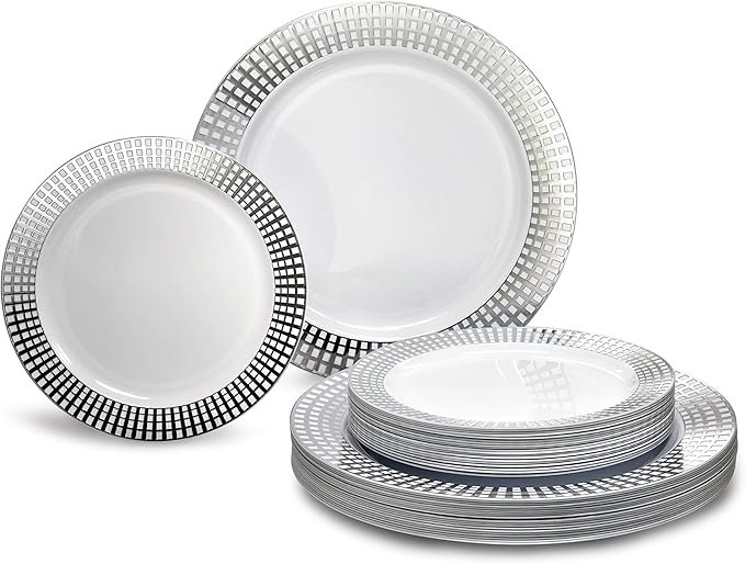 OCCASIONS 120 Plates Pack,(60 Guests) Premium Wedding Party Disposable Plastic Plates Set -60 x 10.25'' Dinner + 60 x 7.5'' Salad/Dessert (Princess White/Silver)