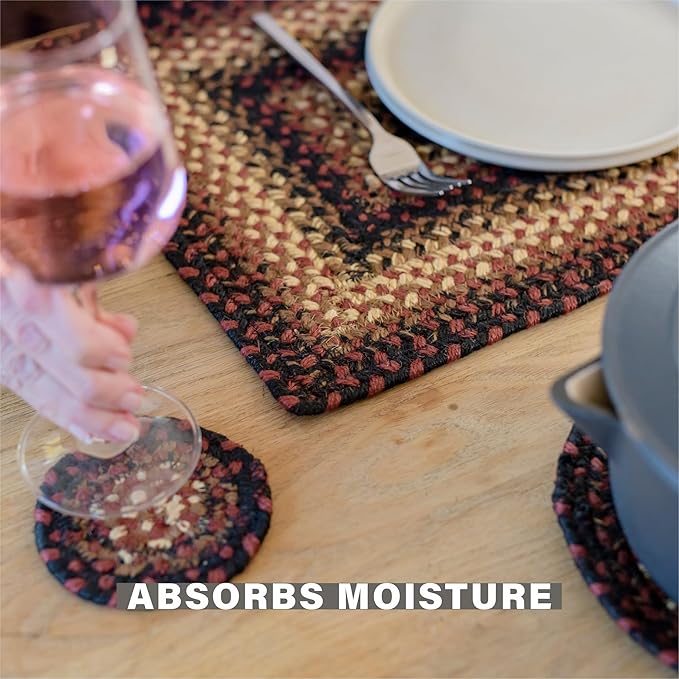 Homespice Prescott Jute Braided Coasters 4", Warm Primitive Decor, Set of 6, Black and Red - Durable, Absorbs Moisture, Easy to Clean and Protects Furniture