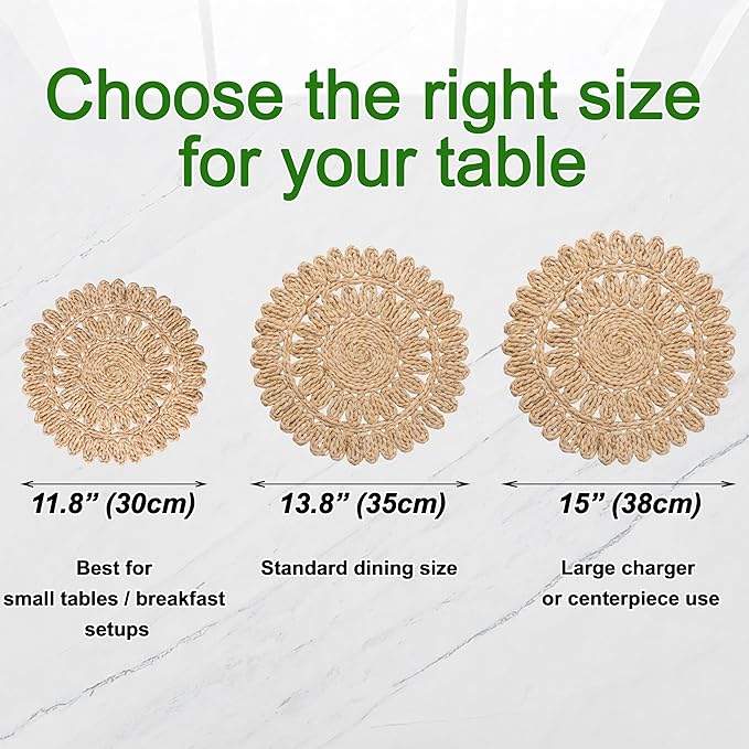 13.8" Set of 4 Round Corn Husk Placemats | Boho Woven Rattan Table Mats | Farmhouse Wicker Spring Plate Chargers Like Water Hyacinth, Seagrass for Wedding, Party, Christmas, Events