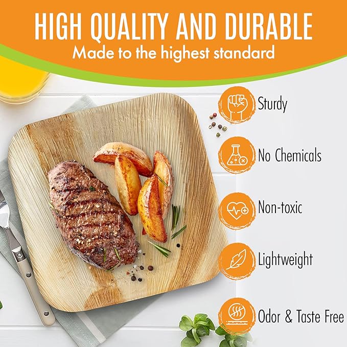 Raj Palm Leaf Plates Bulk [50-Pack] 7" Square Plates(5 CASES - 250 PACK) like Bamboo plates Disposable, Strong, Decorative Compostable Tableware for weddings, Lunch, Dinner, Birthday, Camping