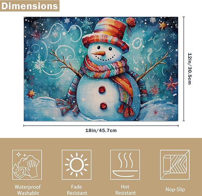 Winter Christmas Placemats, Red Snowman Plastic Placemats 12x18 Inch Waterproof Non-Slip Washable Table Mats for Kitchen Dining Party Table Decor,Set of 6
