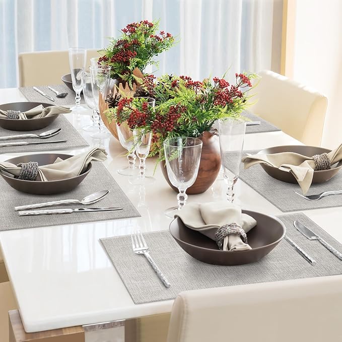 Faux Leather Placemats Set of 8 Washable PU Table mats for Kitchen Table - Heat Resistant, Waterproof, Easy Clean, Anti Slip 11.8" x 17" (Beige-8 Pack)
