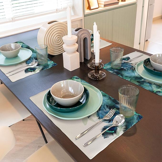 Teal Peacock Feathers Placemats Set of 4 Beautiful Blue Turquoise Floral Linen Washable Place Mats Kitchen Dining Green Leaf Heat-Resistant Desktop Decor Table Mats 12x18 Inch